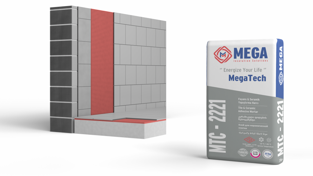 Section drawing showing MTC-2221 tile and ceramic adhesive mortar combed beneath wall and floor tiles, with its 25 kg bag