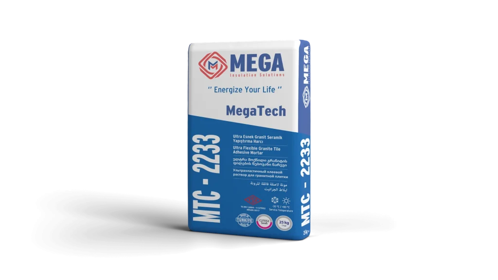 25 kg bag of MegaTech MTC-2233 ultra-flexible granite tile adhesive marked with the C2TE S2 class