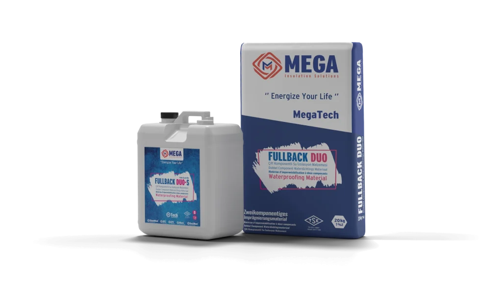 Liquid component canister and 20 kg powder component bag of Fullback Duo semi-elastic two-component waterproofing
