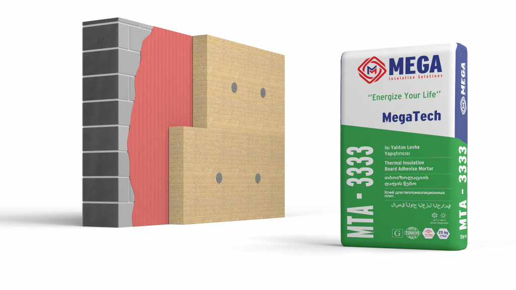 Stone wool boards bonded and anchored to a brick wall next to a bag of MegaTech MTA-3333 thermal insulation board adhesive