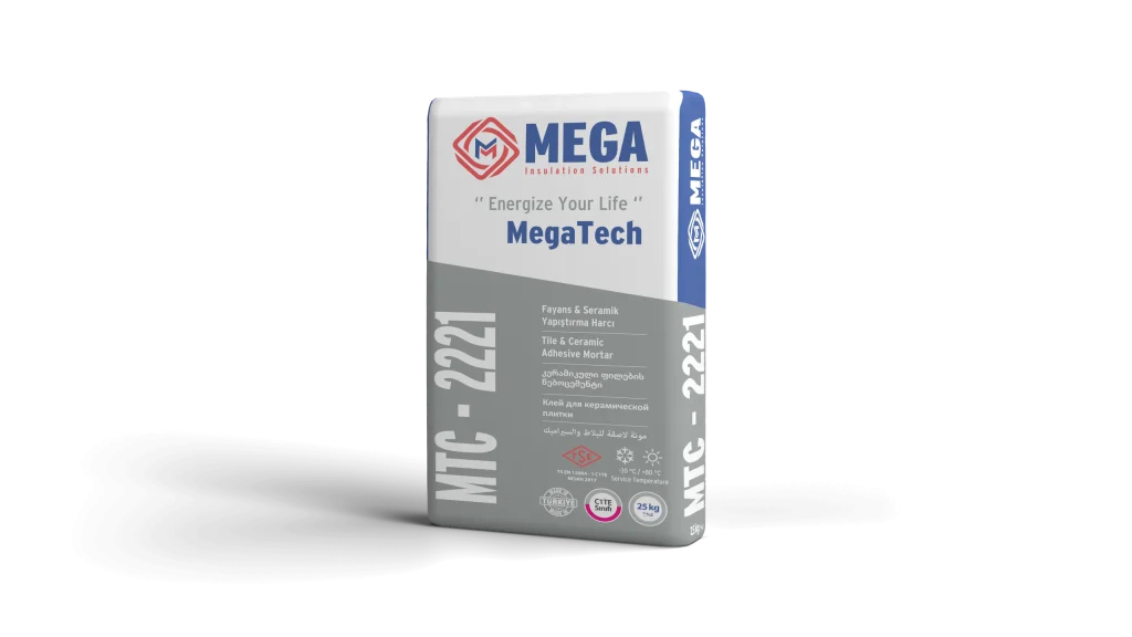 25 kg bag of MegaTech MTC-2221 tile and ceramic adhesive marked with the C1TE class