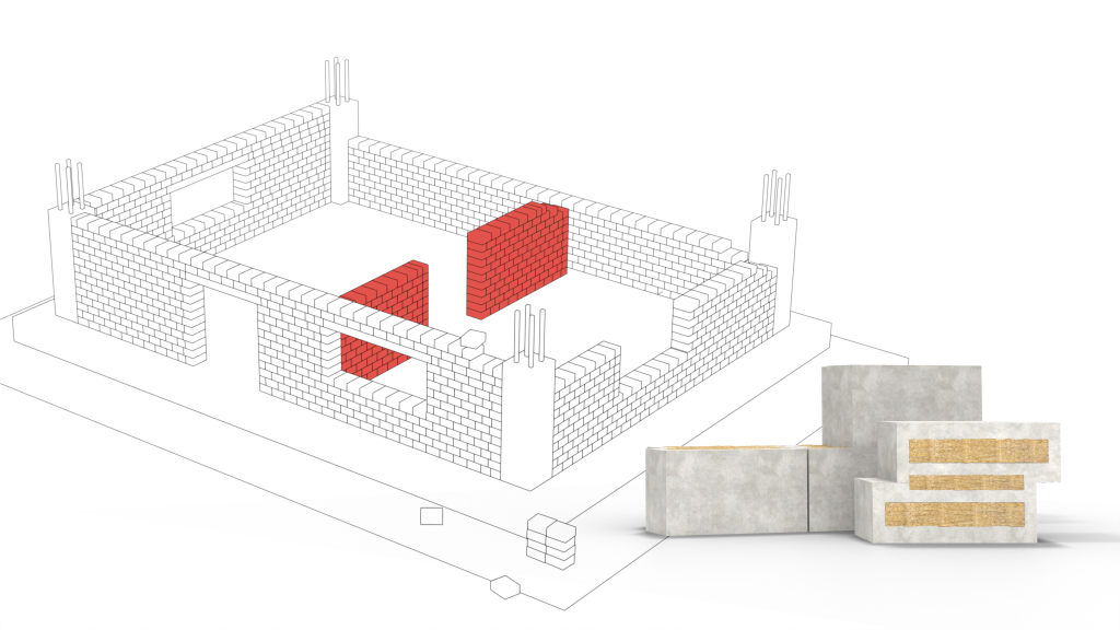 Building drawing highlighting in red the internal walls built with the sound insulation block, with MegaBlock Acoustic blocks showing their stone wool layer