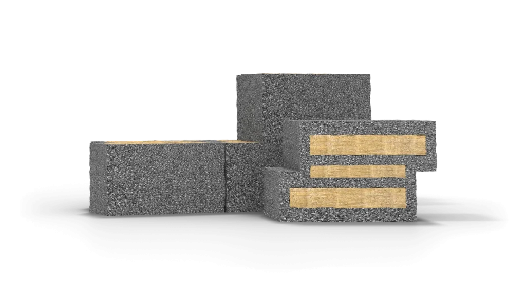 MegaBlock Thermal insulation blocks with a grey pumice-cement body, showing the stone wool layers in cross-section