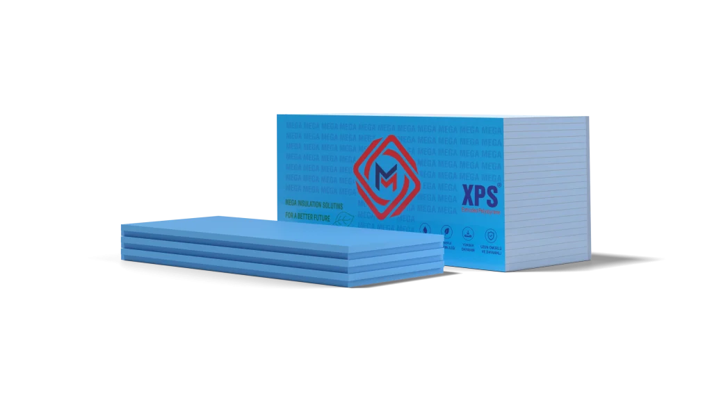 Stack of Mega flat XPS boards with four blue XPS boards stacked in front