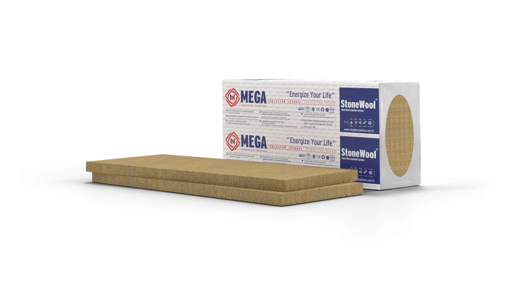 Packs of Mega stone wool terrace roof board with two stacked boards in front