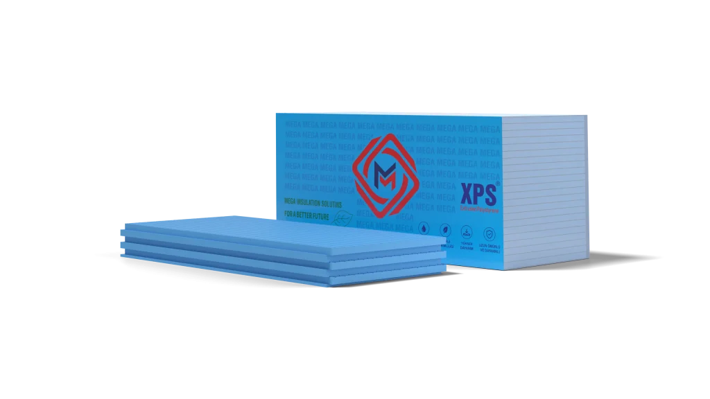 Stack of blue Mega XPS boards with a rough-grooved surface and shiplap edges