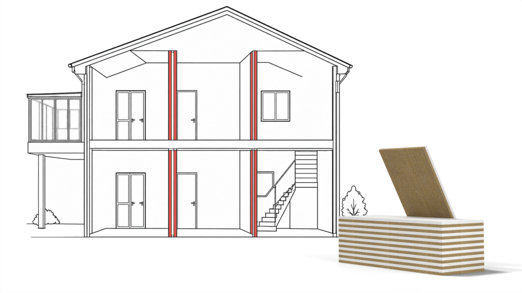 Section drawing of a house with interior walls marked in red, next to a stack of DesiWool stone wool and gypsum composite panels