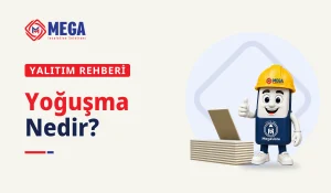 Yoğuşma nedir rehberinin kapağında MegaUsta maskotu, taşyünü mantolama levhası ve DesiWool panel